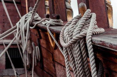 Close-up of rope tied on boat