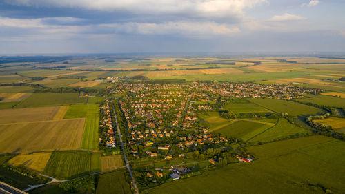 High angle view of agricultural field against sky