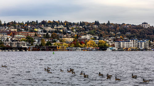 View of townscape by lake against sky