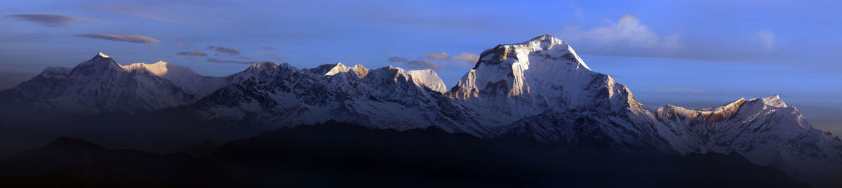 Panorama of mountains and snow in the himalayas trekking along annapurna circuit in nepal.