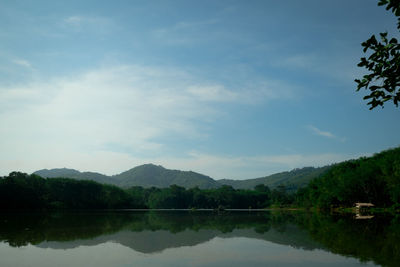 Scenic view of lake by trees against sky