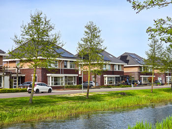 Houses by trees against clear sky