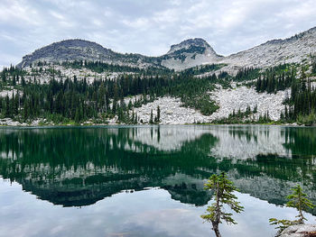 Scenic view of lake and mountains against sky