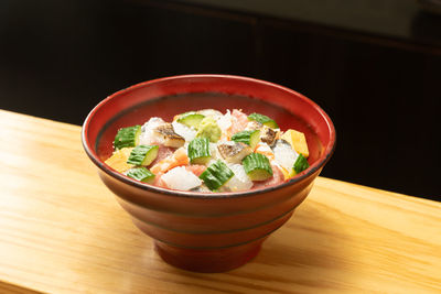 High angle view of soup in bowl on table