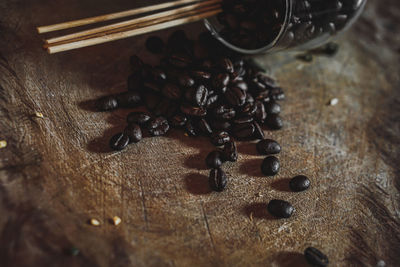High angle view of roasted coffee beans on table