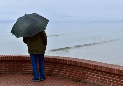 Rear view of man standing on beach during rainy day