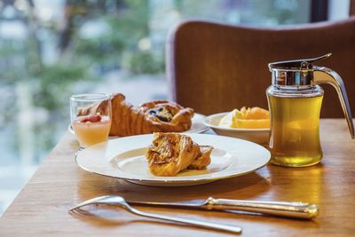 High angle view of breakfast served on table