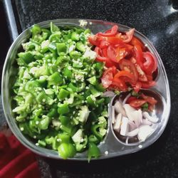 High angle view of chopped vegetables in bowl