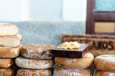 Stack of bread at bakery