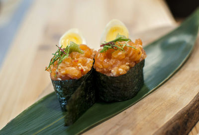 Close-up of sushi in plate on table