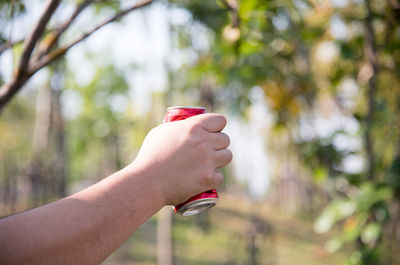 Cropped hand of man crushing drink can outdoors