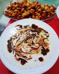 High angle view of food in plate