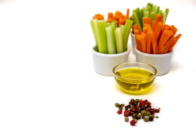 High angle view of vegetables in bowl against white background