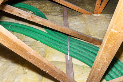 High angle view of wet wooden floor