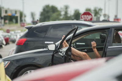 Reflection of car on side-view mirror