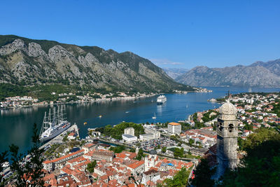 Scenic view of sea and mountains against clear blue sky