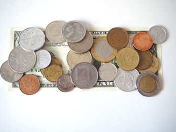 High angle view of coins