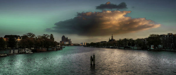 View of cityscape against cloudy sky