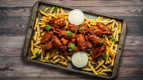 High angle view of food served on table