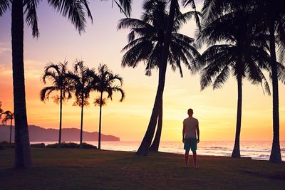 Rear view of silhouette man standing at beach during sunset