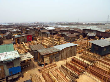 High angle view of buildings against sky