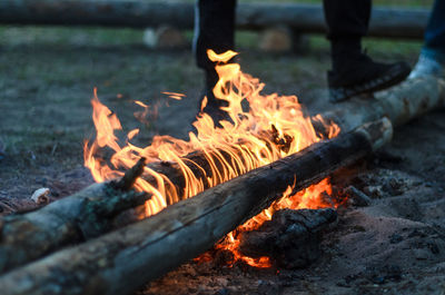 Low section of man standing by wood burning on field