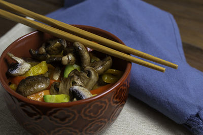 High angle view of vegetables in bowl on table