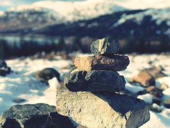 Close-up of stone stack on rock