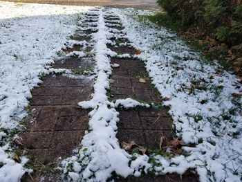 High angle view of snow covered field