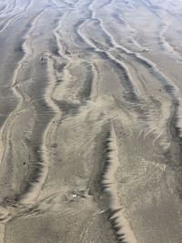 High angle view of footprints on sand at beach