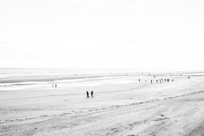 People on beach against clear sky