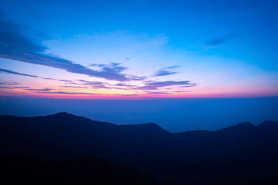 Scenic view of silhouette mountains against sky at sunset