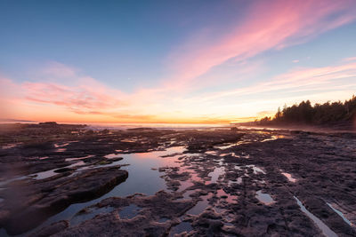 Scenic view of frozen lake against sky during sunset