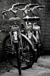 Close-up of bicycles parked