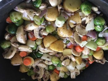 High angle view of chopped fruits in plate