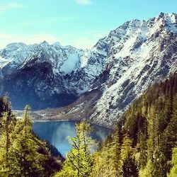 Scenic view of lake and mountains against sky