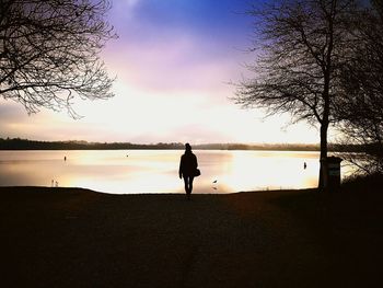 Rear view of woman on beach at sunset