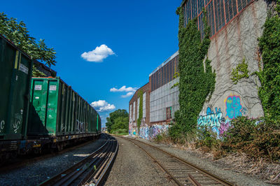 Train on railroad tracks against sky