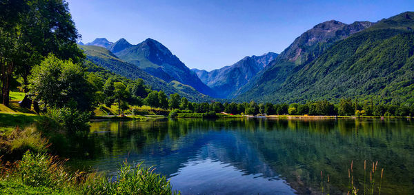 Scenic view of lake and mountains against clear sky