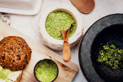 High angle view of food on table