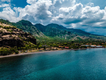 Scenic view of bay against sky