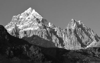 Scenic view of snowcapped mountains against clear sky