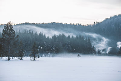 Scenic view of snow covered landscape against sky during sunset