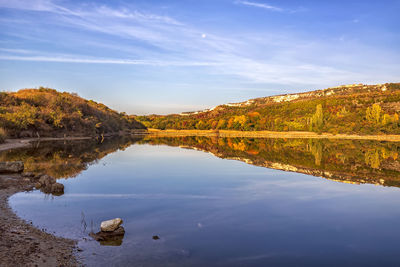 Scenic view of lake by trees against sky