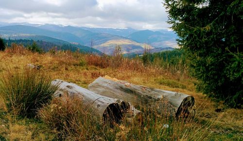 Scenic view of land and mountains against sky