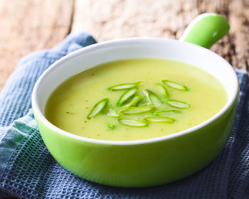 High angle view of soup in bowl on table