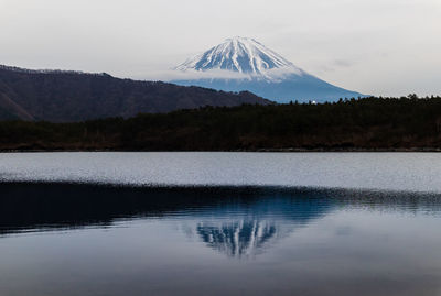 Reflection of snowcapped volcano in lake against sky