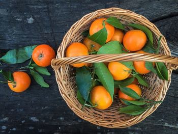 Directly above shot of oranges with basket on table