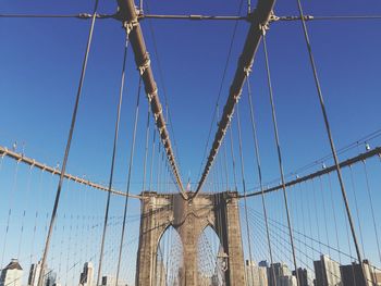 Low angle view of suspension bridge against sky