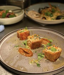 High angle view of seafood in plate on table